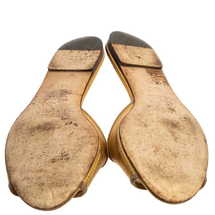Pre Owned Dolce & Gabbana Metallic Gold Lizard Embossed Leather Sofia Flat Slides Size 37