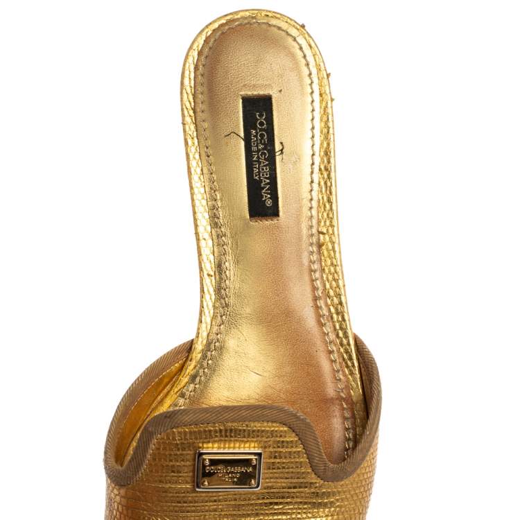 Pre Owned Dolce & Gabbana Metallic Gold Lizard Embossed Leather Sofia Flat Slides Size 37