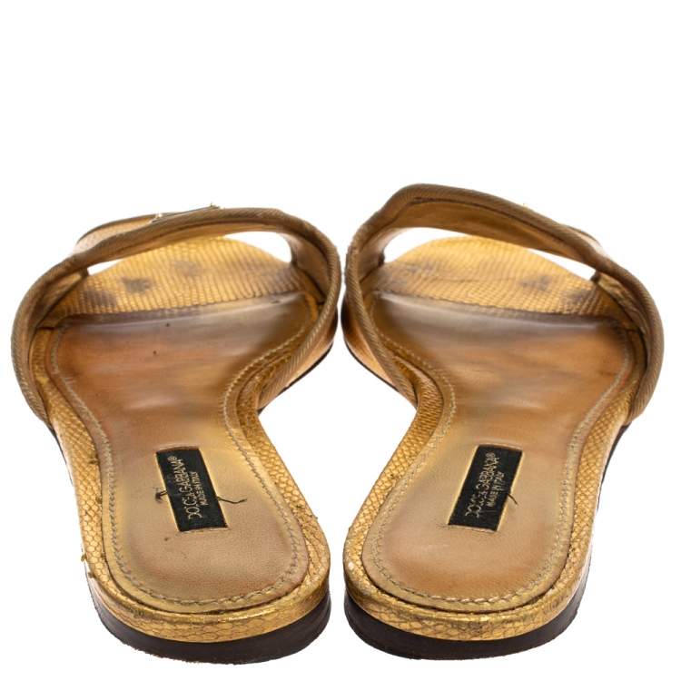 Pre Owned Dolce & Gabbana Metallic Gold Lizard Embossed Leather Sofia Flat Slides Size 37