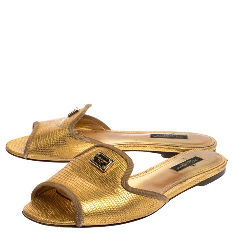 Pre Owned Dolce & Gabbana Metallic Gold Lizard Embossed Leather Sofia Flat Slides Size 37