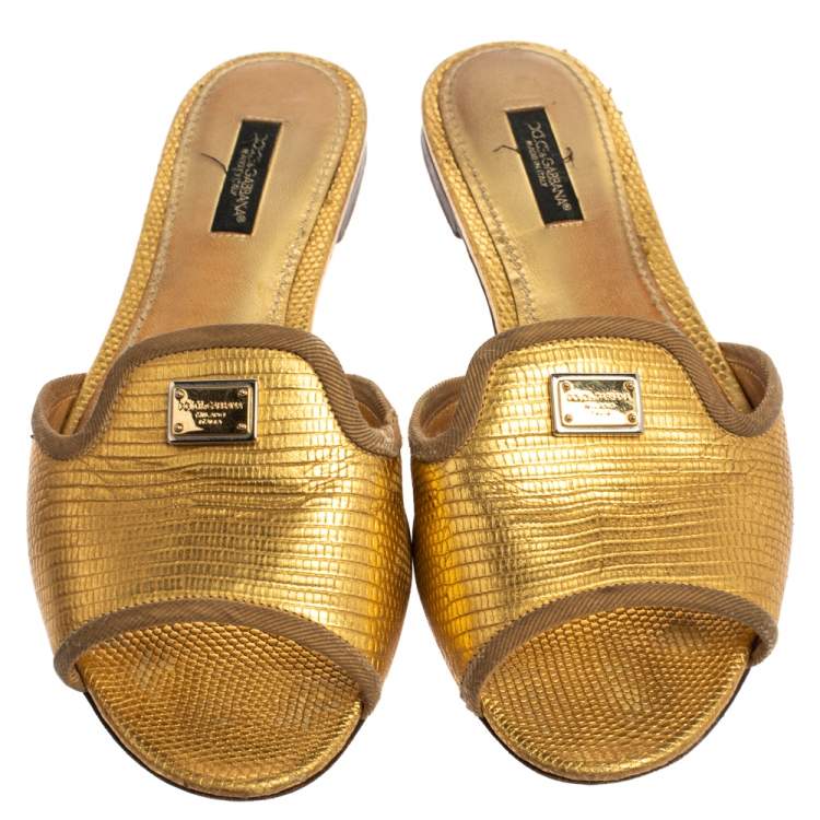 Pre Owned Dolce & Gabbana Metallic Gold Lizard Embossed Leather Sofia Flat Slides Size 37