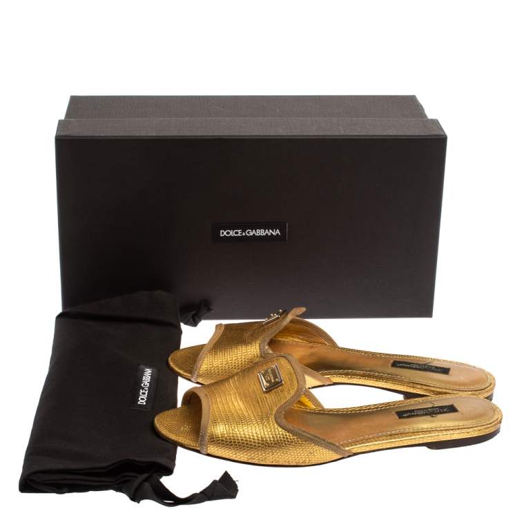 Pre Owned Dolce & Gabbana Metallic Gold Lizard Embossed Leather Sofia Flat Slides Size 37