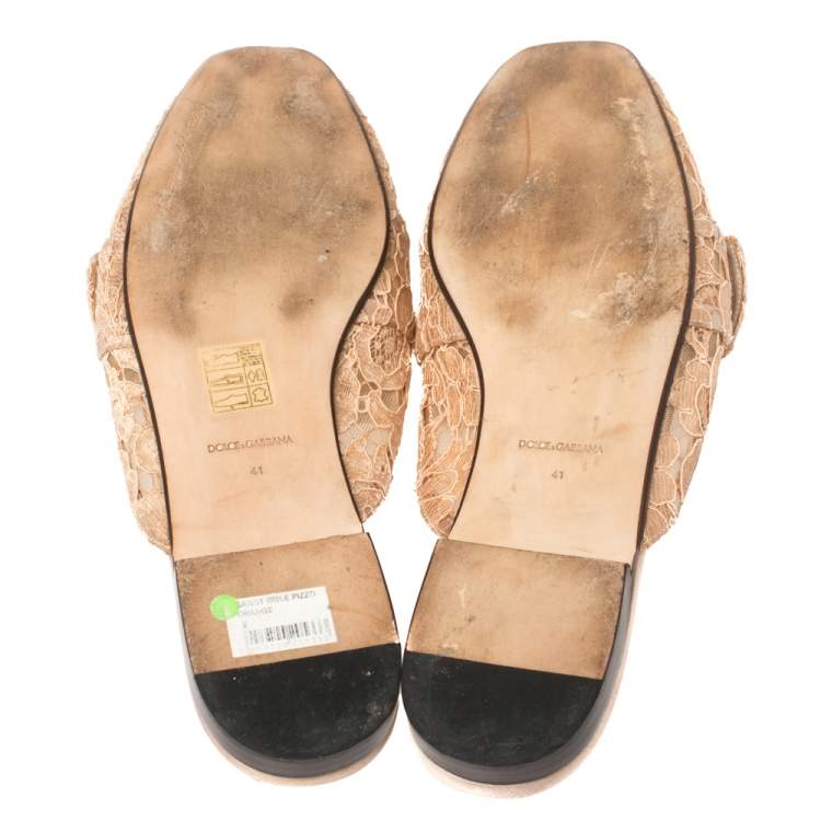 Pre Owned Dolce & Gabbana Peach Lace and Mesh Crystal Embellished Mules Size 41