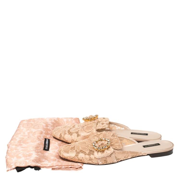 Pre Owned Dolce & Gabbana Peach Lace and Mesh Crystal Embellished Mules Size 41