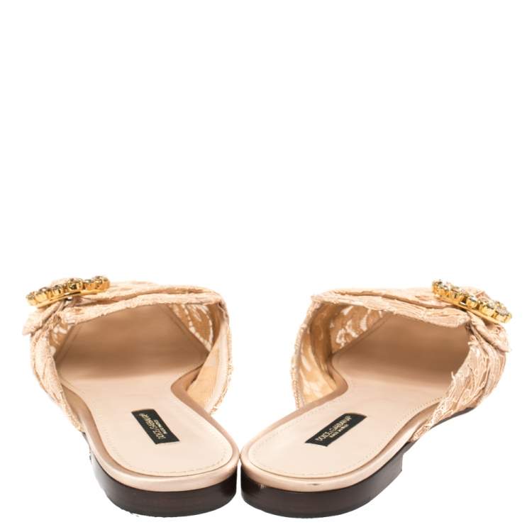 Pre Owned Dolce & Gabbana Peach Lace and Mesh Crystal Embellished Mules Size 41