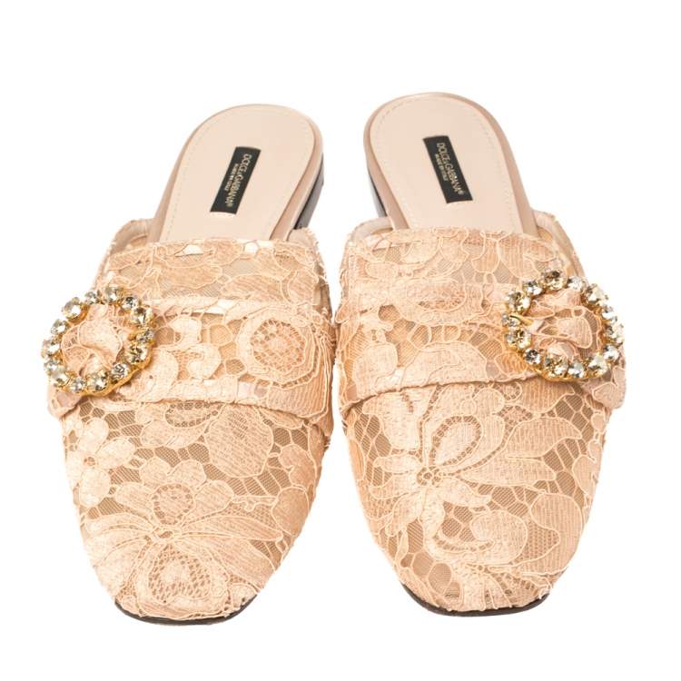 Pre Owned Dolce & Gabbana Peach Lace and Mesh Crystal Embellished Mules Size 41