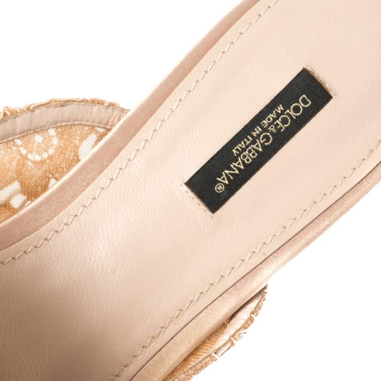 Pre Owned Dolce & Gabbana Peach Lace and Mesh Crystal Embellished Mules Size 41