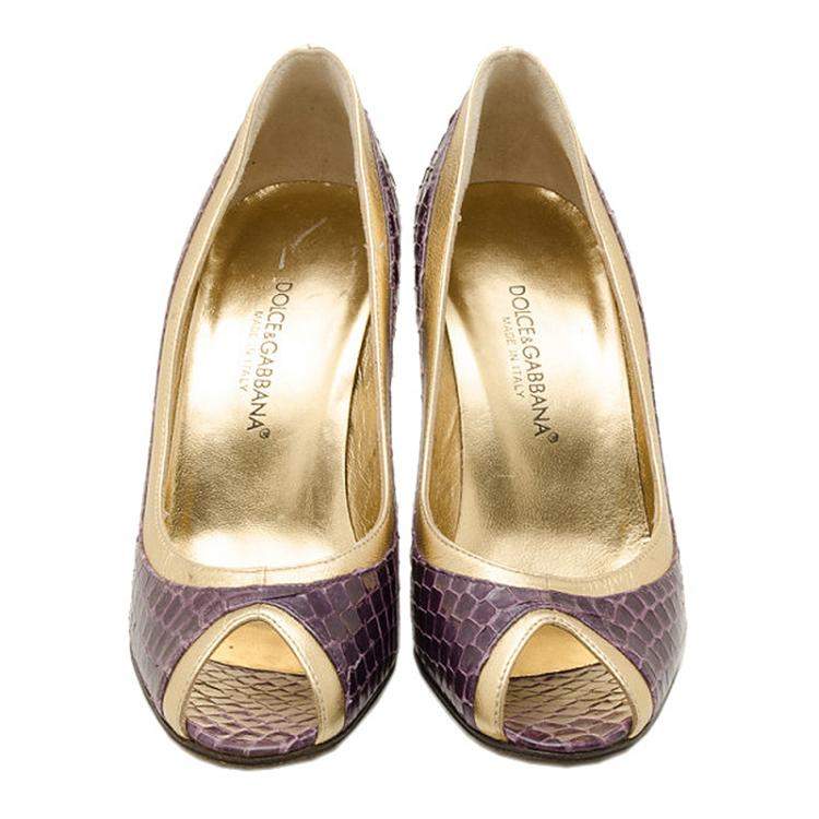 Pre Owned Dolce & Gabbana Purple and Gold Embossed Peep Toe Pumps Size 35