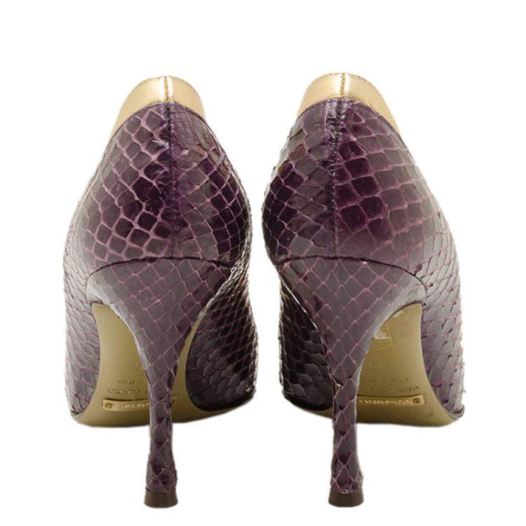 Pre Owned Dolce & Gabbana Purple and Gold Embossed Peep Toe Pumps Size 35