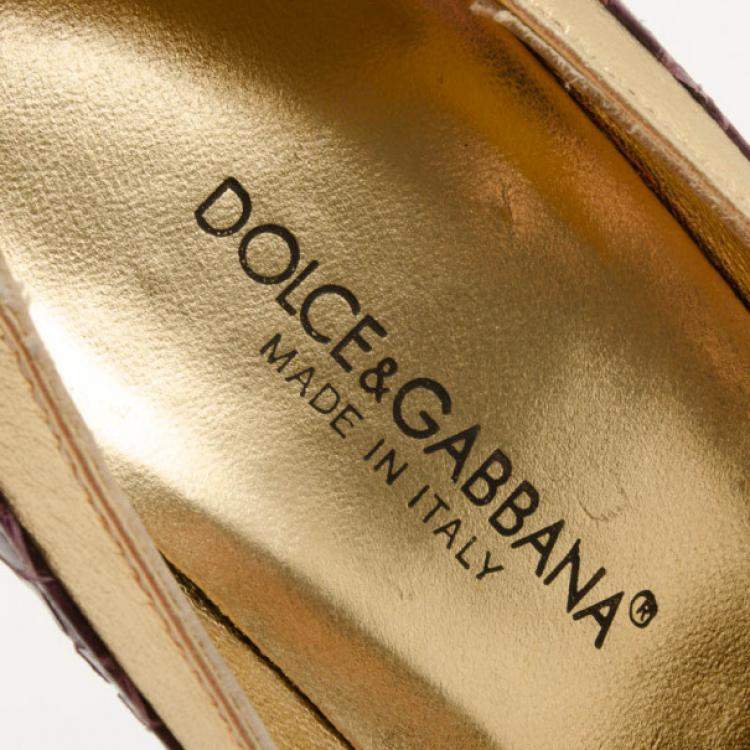 Pre Owned Dolce & Gabbana Purple and Gold Embossed Peep Toe Pumps Size 35