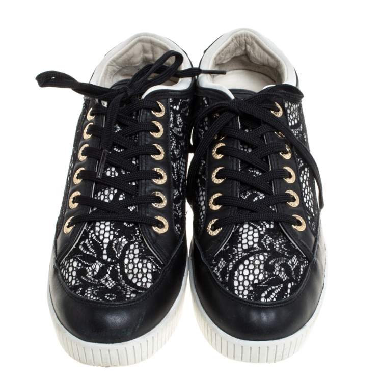 Pre Owned Dolce & Gabbana Black Leather/Lace, and Fabric Wedge Sneakers Size 38.5