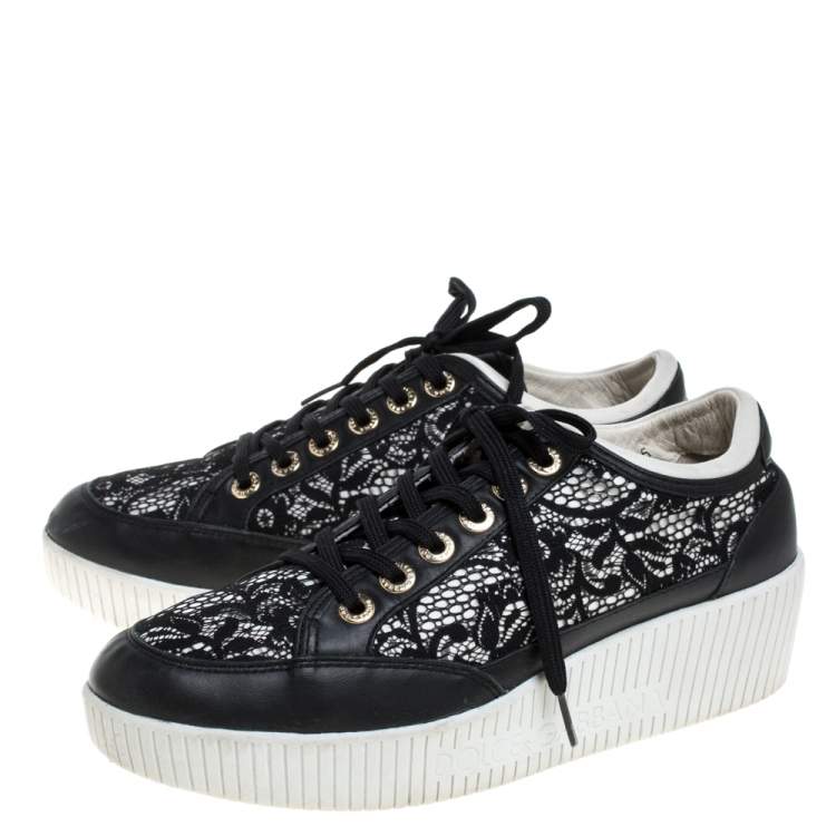 Pre Owned Dolce & Gabbana Black Leather/Lace, and Fabric Wedge Sneakers Size 38.5