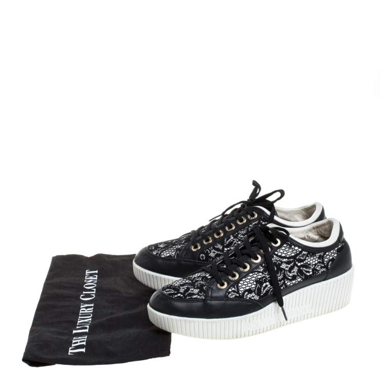 Pre Owned Dolce & Gabbana Black Leather/Lace, and Fabric Wedge Sneakers Size 38.5