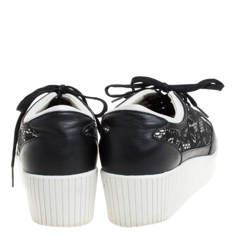 Pre Owned Dolce & Gabbana Black Leather/Lace, and Fabric Wedge Sneakers Size 38.5