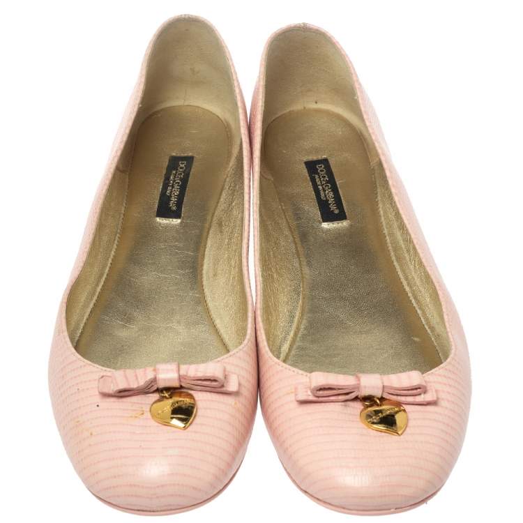 Pre Owned  Dolce and Gabbana Pink Lizard Embossed Leather Bow Detail Ballet Flats Size 40