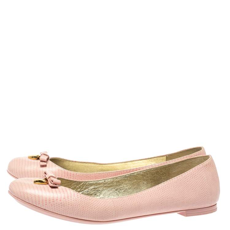 Pre Owned  Dolce and Gabbana Pink Lizard Embossed Leather Bow Detail Ballet Flats Size 40
