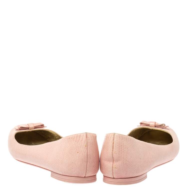 Pre Owned  Dolce and Gabbana Pink Lizard Embossed Leather Bow Detail Ballet Flats Size 40
