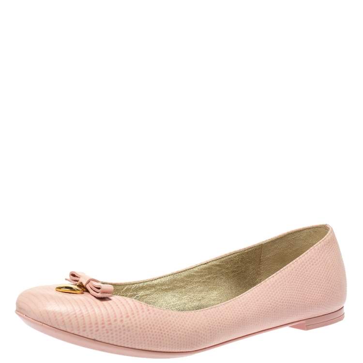 Pre Owned  Dolce and Gabbana Pink Lizard Embossed Leather Bow Detail Ballet Flats Size 40