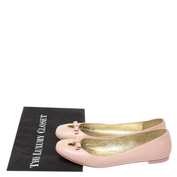 Pre Owned  Dolce and Gabbana Pink Lizard Embossed Leather Bow Detail Ballet Flats Size 40