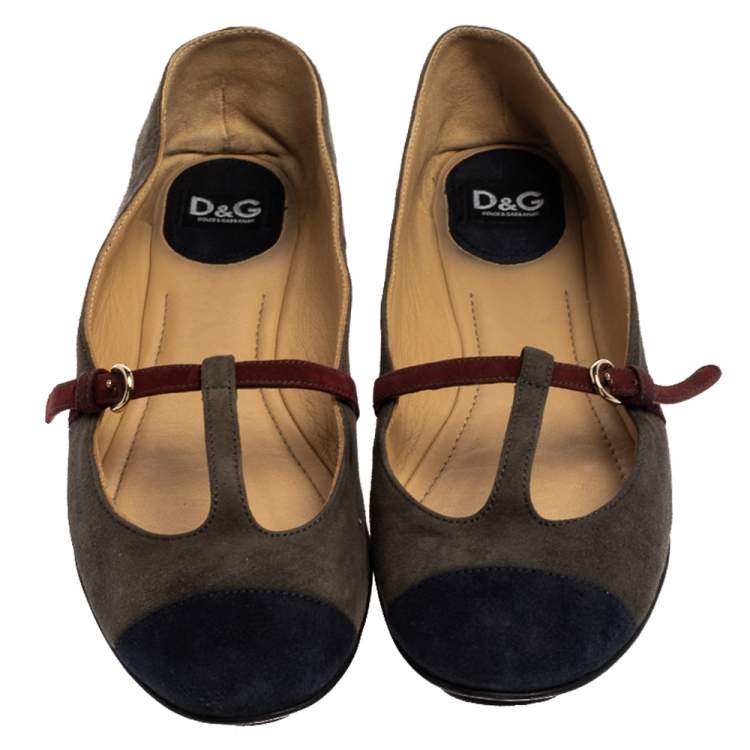 Pre Owned Dolce & Gabbana Tricolor Suede Leather T Strap Ballet Flats Size 39