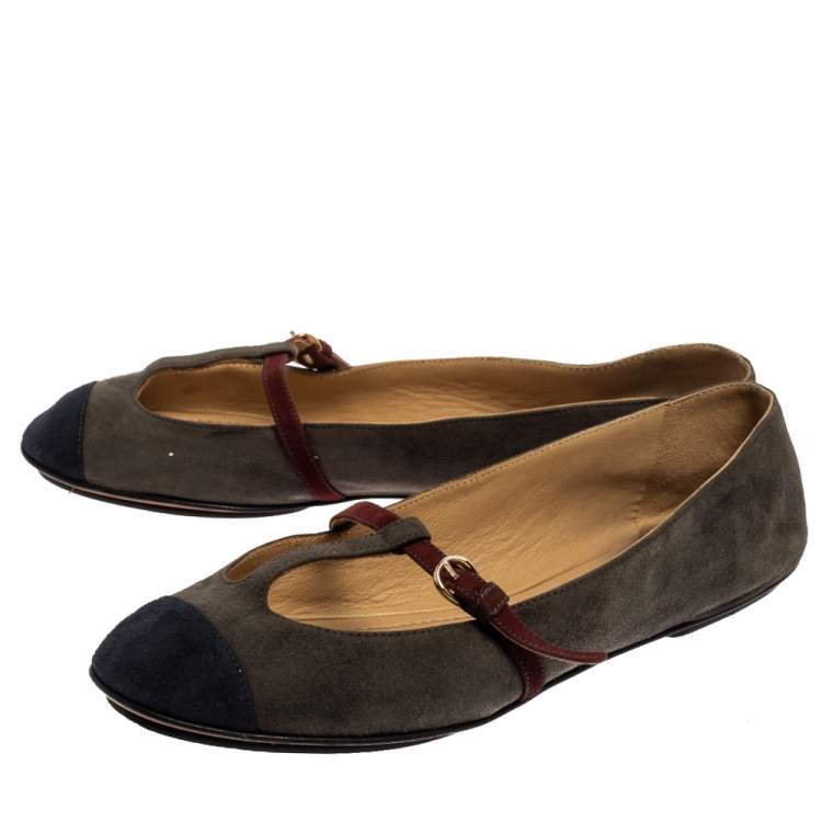 Pre Owned Dolce & Gabbana Tricolor Suede Leather T Strap Ballet Flats Size 39