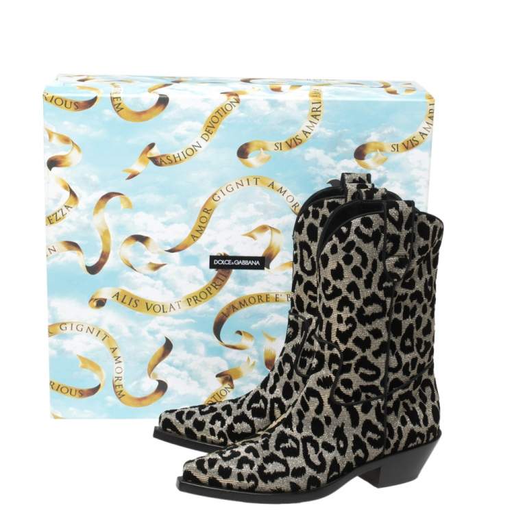 Pre Owned Dolce & Gabbana Black/Grey Shimmering Leopard Laurex Fabric Cowboy Boots Size 38