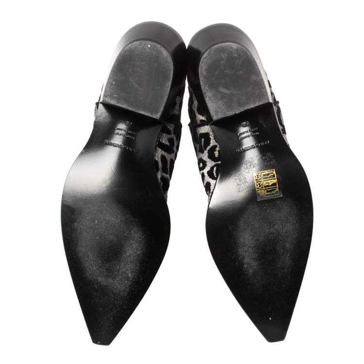 Pre Owned Dolce & Gabbana Black/Grey Shimmering Leopard Laurex Fabric Cowboy Boots Size 38