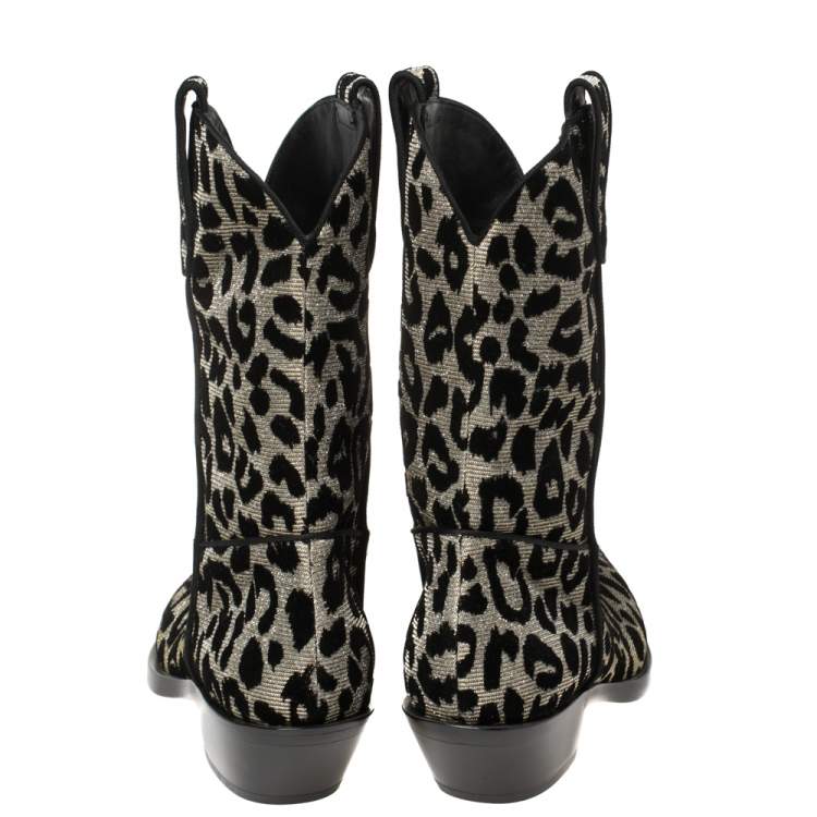 Pre Owned Dolce & Gabbana Black/Grey Shimmering Leopard Laurex Fabric Cowboy Boots Size 38