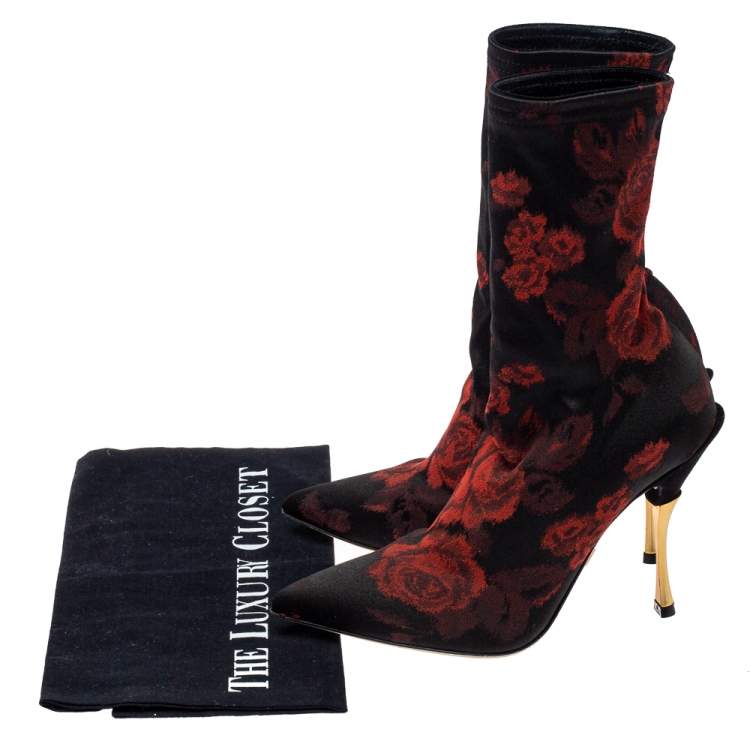 Docle & Gabbana Black/Red Rose Jacquard Fabric Boots Size 36