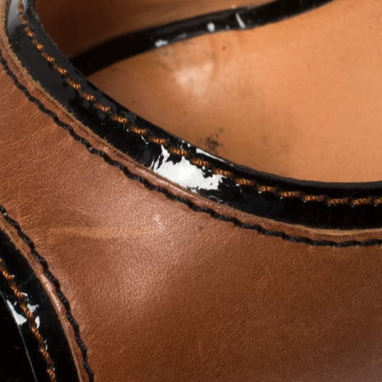 Pre Owned Dolce & Gabbana Brown/Black Patent and Leather Peep Toe Platform Ankle Strap Pumps Size 38