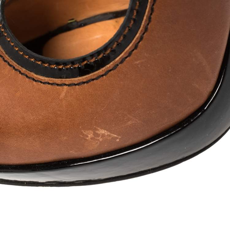 Pre Owned Dolce & Gabbana Brown/Black Patent and Leather Peep Toe Platform Ankle Strap Pumps Size 38