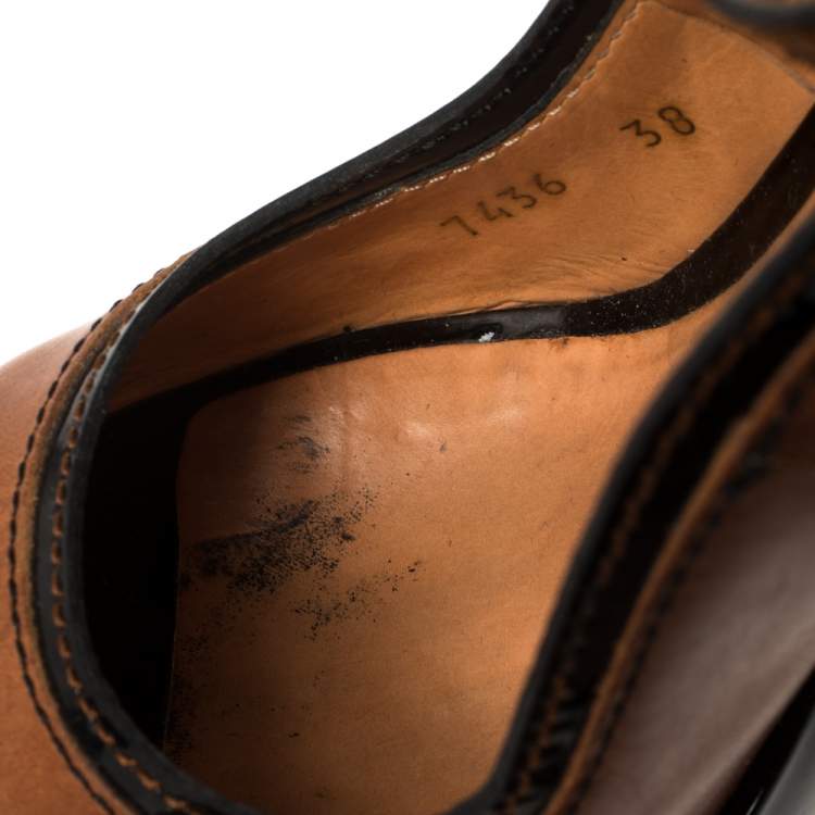 Pre Owned Dolce & Gabbana Brown/Black Patent and Leather Peep Toe Platform Ankle Strap Pumps Size 38