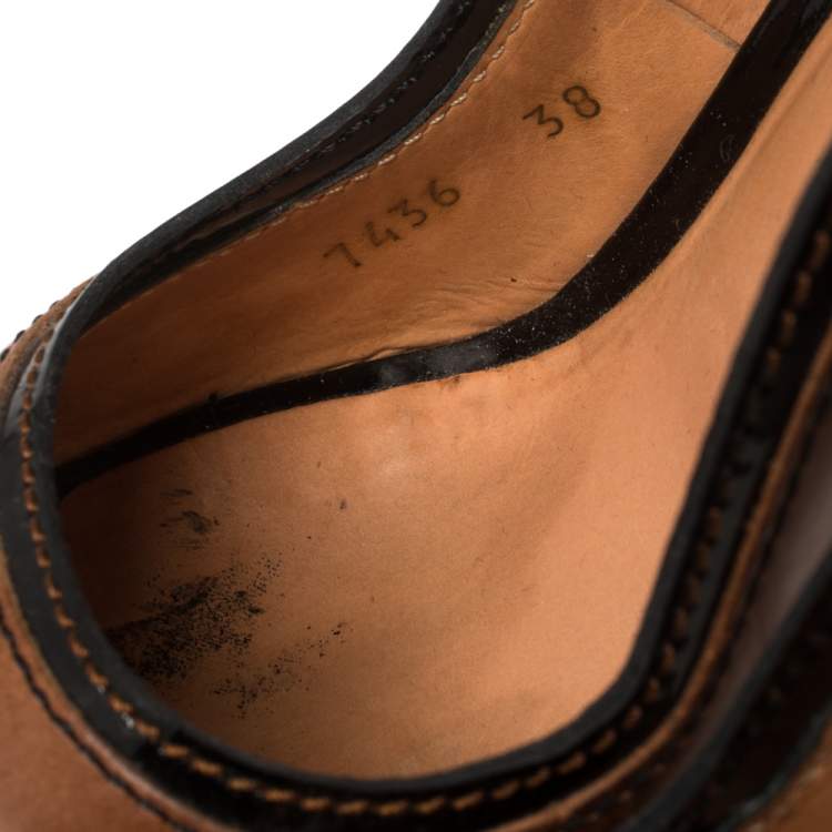 Pre Owned Dolce & Gabbana Brown/Black Patent and Leather Peep Toe Platform Ankle Strap Pumps Size 38