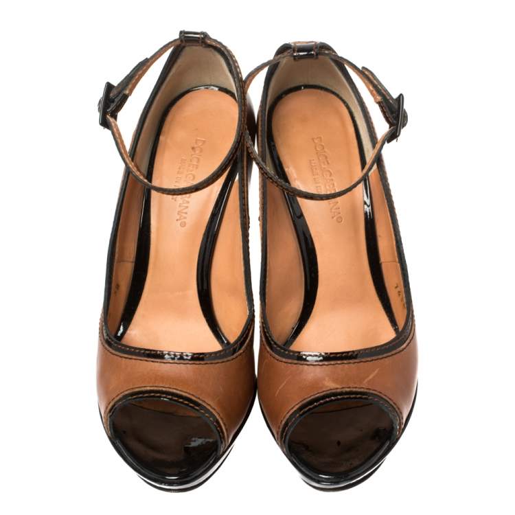 Pre Owned Dolce & Gabbana Brown/Black Patent and Leather Peep Toe Platform Ankle Strap Pumps Size 38