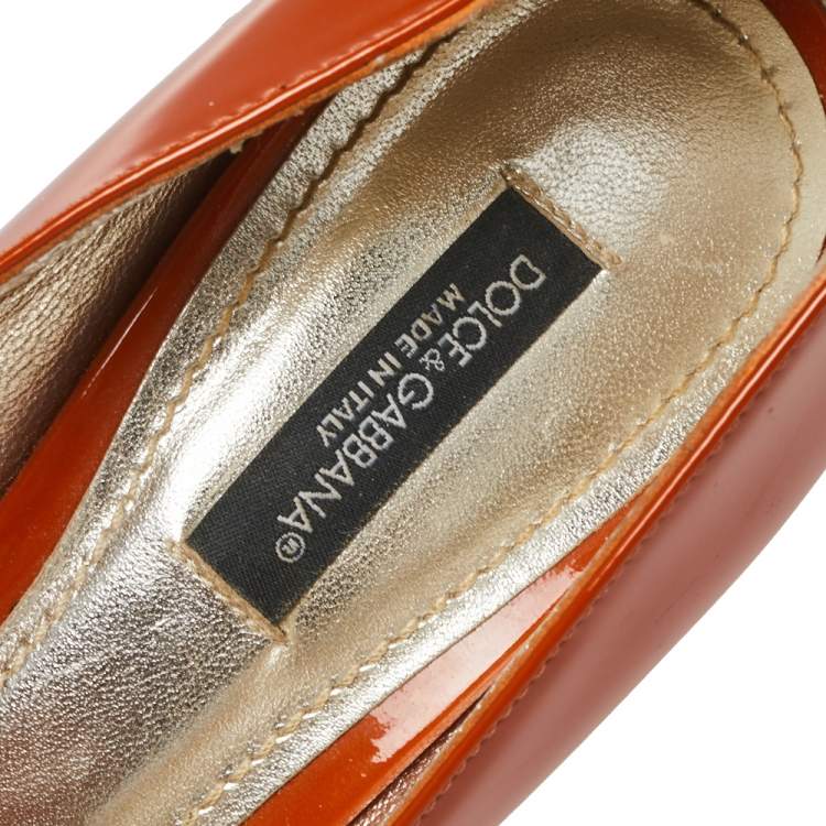 Pre Owned Dolce & Gabbana Burnt Orange Patent Leather Peep Toe Pumps Size 36
