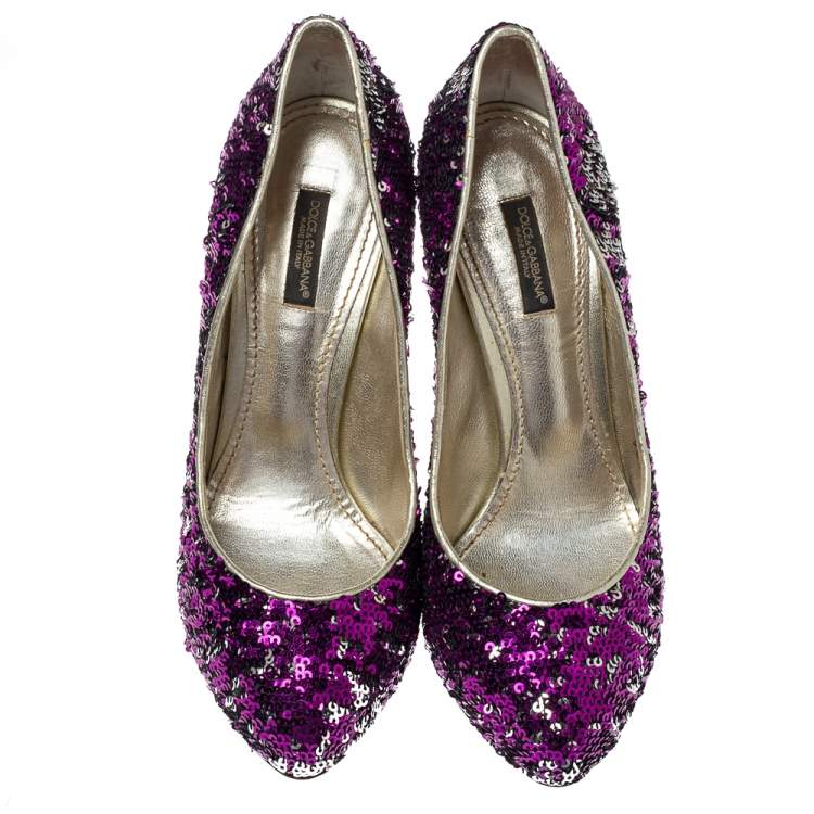 Pre Owned Dolce & Gabbana Metallic Two Tone Sequins Embellished Platform Pumps Size 38