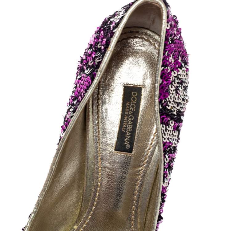 Pre Owned Dolce & Gabbana Metallic Two Tone Sequins Embellished Platform Pumps Size 38