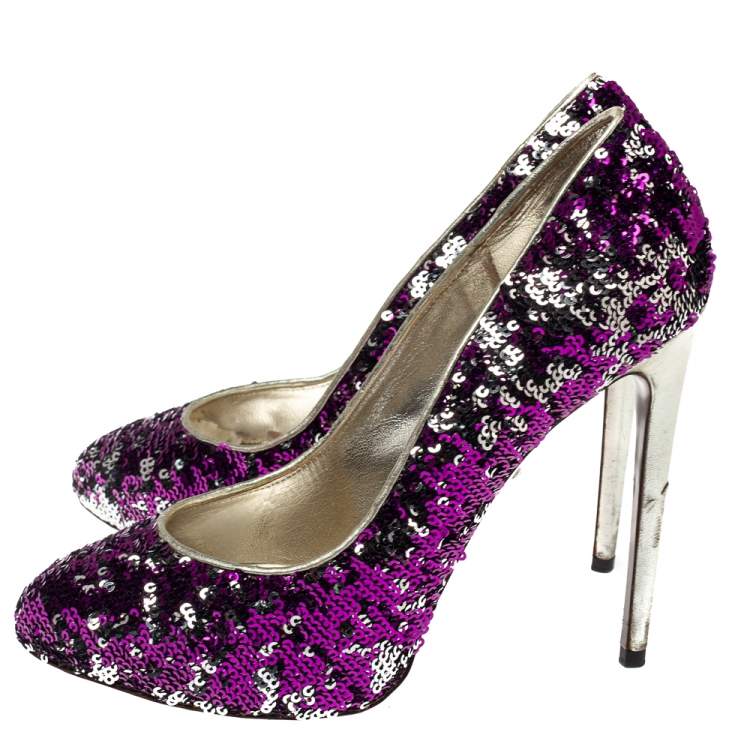 Pre Owned Dolce & Gabbana Metallic Two Tone Sequins Embellished Platform Pumps Size 38