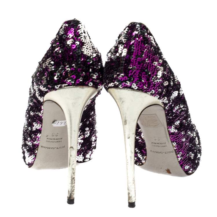Pre Owned Dolce & Gabbana Metallic Two Tone Sequins Embellished Platform Pumps Size 38