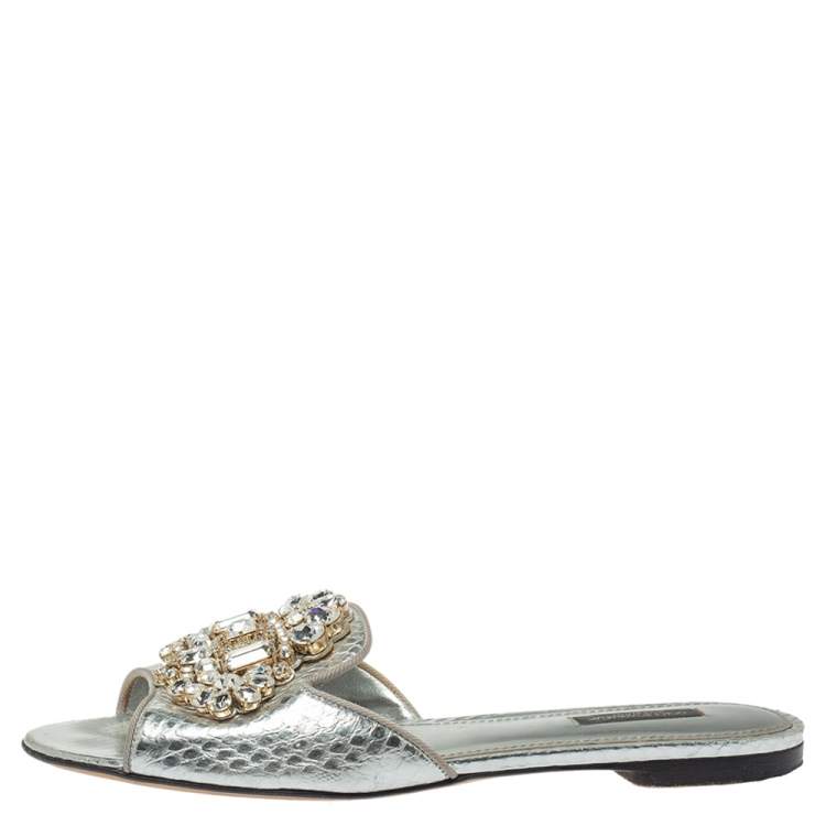 Pre Owned Dolce & Gabbana Silver Crystal Embellished  Snakeskin Embossed Leather Bianca Flat Slides Size39