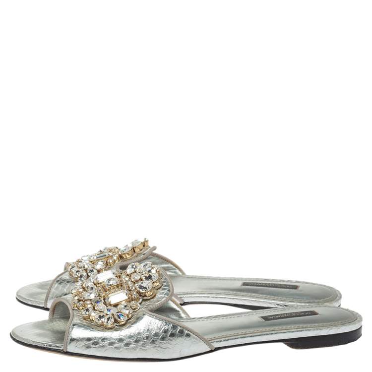 Pre Owned Dolce & Gabbana Silver Crystal Embellished  Snakeskin Embossed Leather Bianca Flat Slides Size39