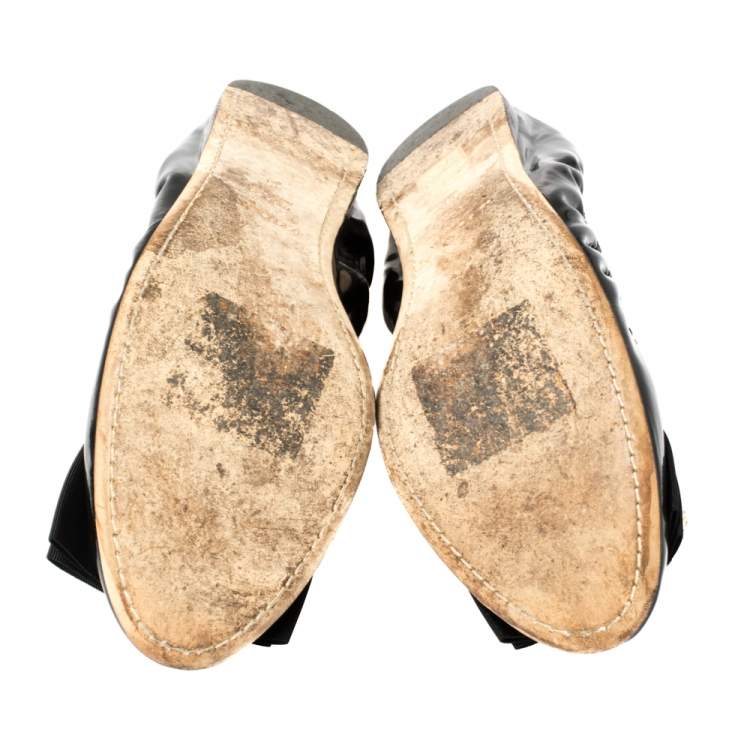 Pre Owned Dolce and Gabbana Black Patent Leather Crystal Embellished Bow Scrunch Ballet Flats Size 39