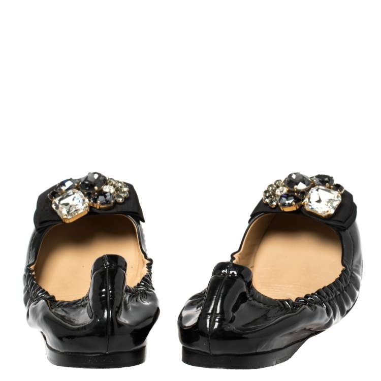 Pre Owned Dolce and Gabbana Black Patent Leather Crystal Embellished Bow Scrunch Ballet Flats Size 39
