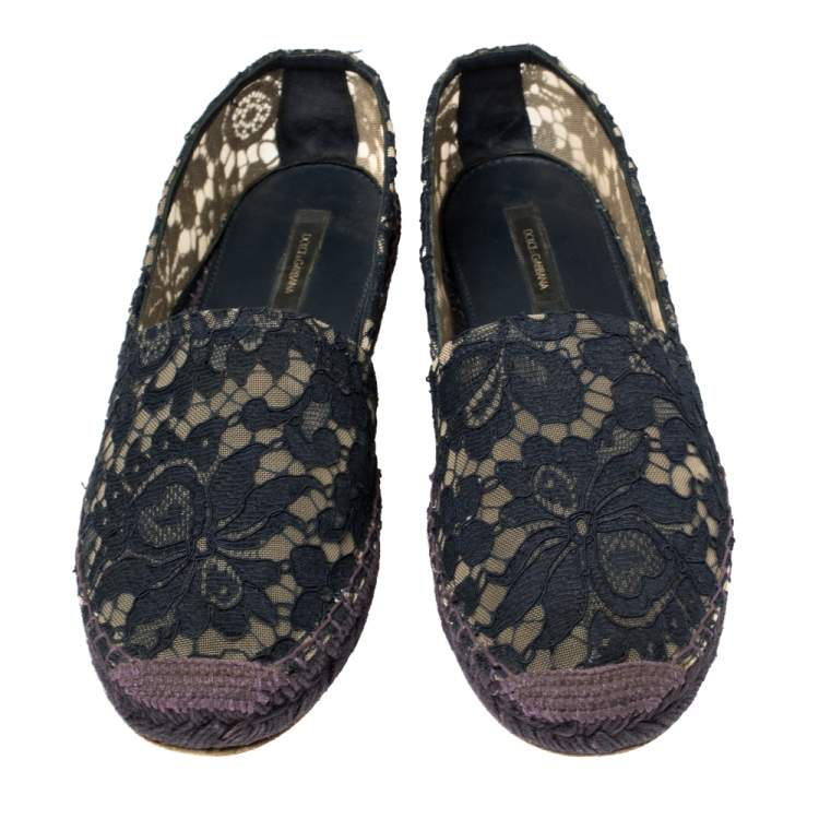 Pre Owned Dolce & Gabbana Blue Floral Lace Espadrille Flats Size 39