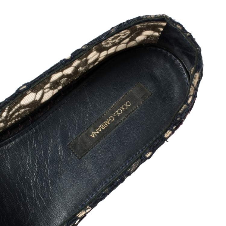 Pre Owned Dolce & Gabbana Blue Floral Lace Espadrille Flats Size 39