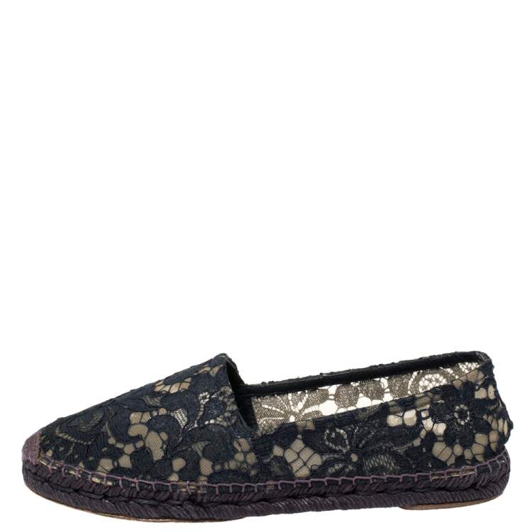 Pre Owned Dolce & Gabbana Blue Floral Lace Espadrille Flats Size 39