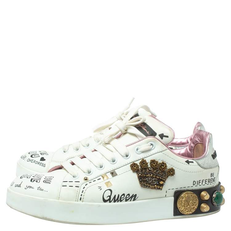 Pre Owned Dolce & Gabbana White Leather Portofino Embellished Sneakers Size 39