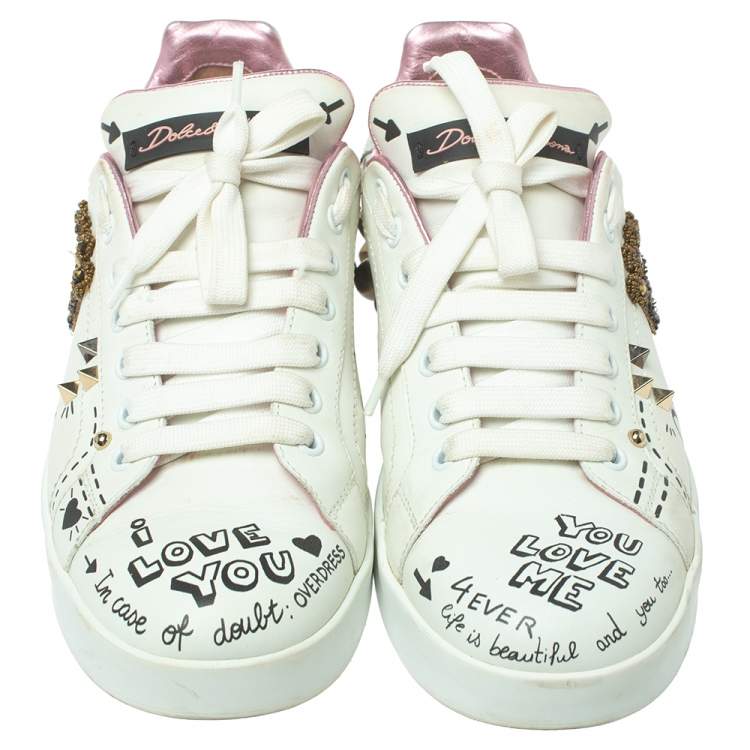 Pre Owned Dolce & Gabbana White Leather Portofino Embellished Sneakers Size 39