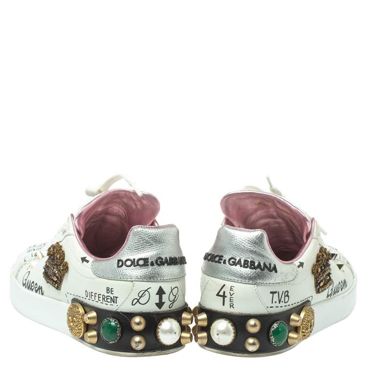 Pre Owned Dolce & Gabbana White Leather Portofino Embellished Sneakers Size 39