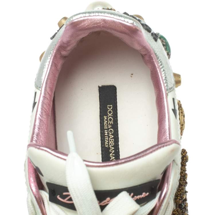 Pre Owned Dolce & Gabbana White Leather Portofino Embellished Sneakers Size 39